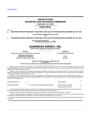 Miniature SandRidge Energy
 10-Q Rapport trimestriel 2018 