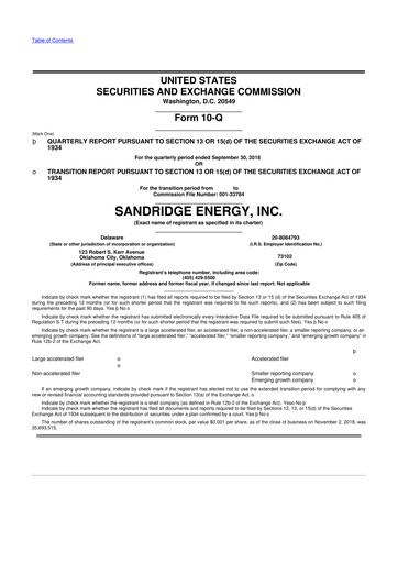Miniature SandRidge Energy
 10-Q Rapport trimestriel 2018 