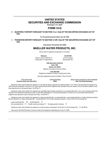 Thumbnail Mueller Water Products
 10-Q Quarterly Report FY2026 