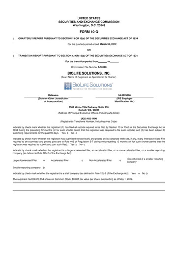 Thumbnail Biolife Solutions
 10-Q Quarterly Report FY 