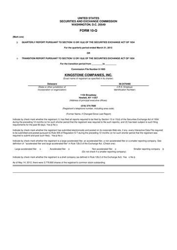 Vorschaubild Kingstone Companies 10-Q Quartalsbericht 2012 