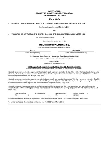 Thumbnail Dolphin Entertainment
 10-Q Quarterly Report FY2012 