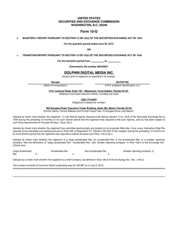 Thumbnail Dolphin Entertainment
 10-Q Quarterly Report FY2012 