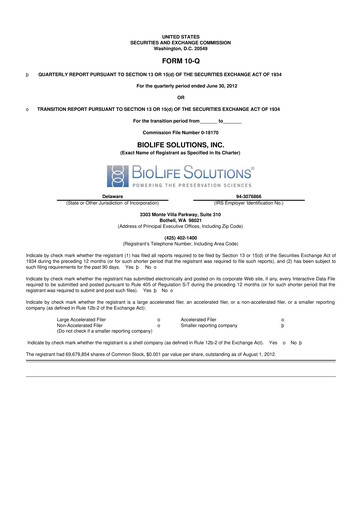 Thumbnail Biolife Solutions
 10-Q Quarterly Report FY 