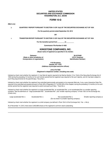 Vorschaubild Kingstone Companies 10-Q Quartalsbericht 2012 