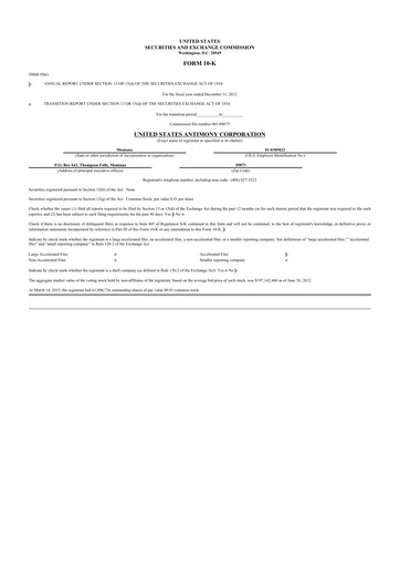 Thumbnail United States Antimony Corporation 10-K Annual Report 2012