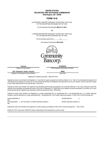 Thumbnail Community Bancorp 10-Q Quarterly Report FY2013 