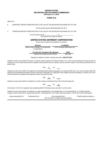 Thumbnail United States Antimony Corporation 10-Q Quarterly Report FY2013 