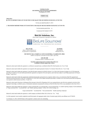 Thumbnail Biolife Solutions
 10-K Annual Report 2013