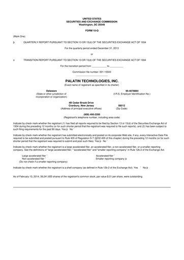 Thumbnail Palatin Technologies 10-Q Quarterly Report FY2014 