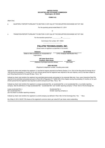 Thumbnail Palatin Technologies 10-Q Quarterly Report FY2014 