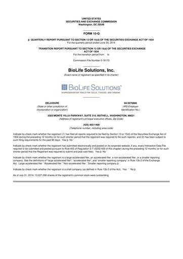 Thumbnail Biolife Solutions
 10-Q Quarterly Report FY 
