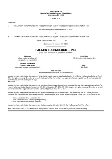 Thumbnail Palatin Technologies 10-Q Quarterly Report FY2015 