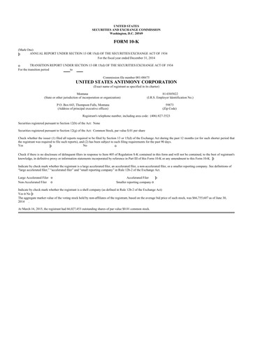 Thumbnail United States Antimony Corporation 10-K Annual Report 2014