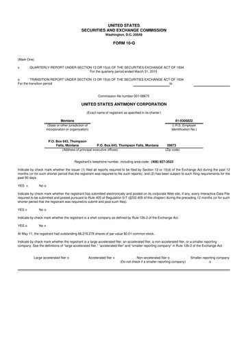 Thumbnail United States Antimony Corporation 10-Q Quarterly Report FY2015 