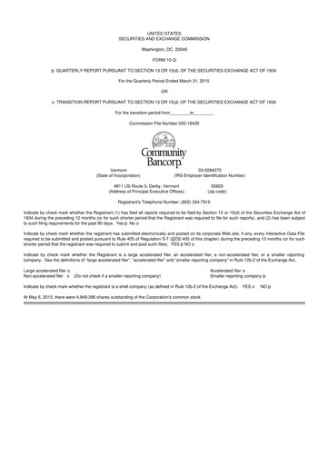 Thumbnail Community Bancorp 10-Q Quarterly Report FY2015 