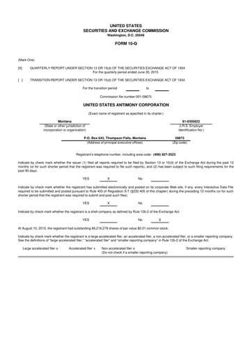 Thumbnail United States Antimony Corporation 10-Q Quarterly Report FY2015 