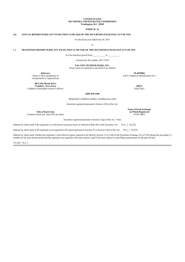 Thumbnail Palatin Technologies 10-K Annual Report 2015