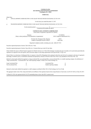 Thumbnail United States Antimony Corporation 10-K Annual Report 2015