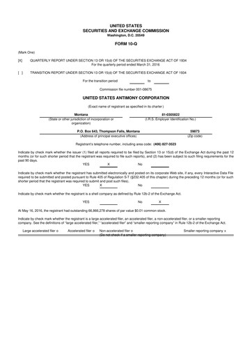 Thumbnail United States Antimony Corporation 10-Q Quarterly Report FY2016 