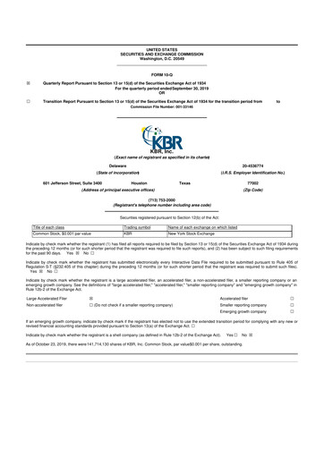 Thumbnail KBR
 10-Q Quarterly Report FY2019 