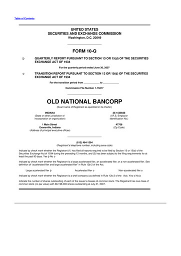 Miniature Old National Bank
 10-Q Rapport trimestriel  