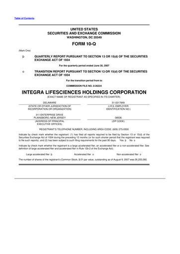 Miniature Integra LifeSciences 10-Q Rapport trimestriel  