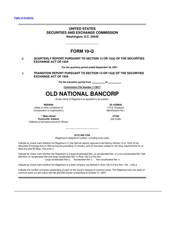 Miniature Old National Bank
 10-Q Rapport trimestriel  
