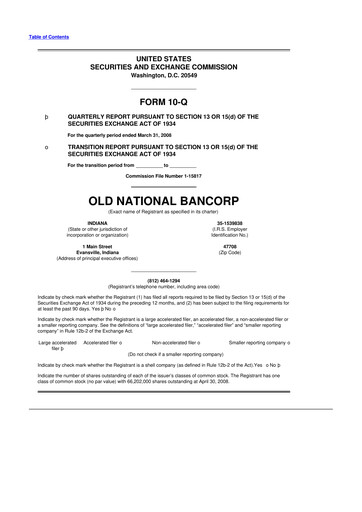 Miniature Old National Bank
 10-Q Rapport trimestriel  