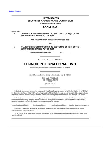 Thumbnail Lennox 10-Q Quarterly Report FY 