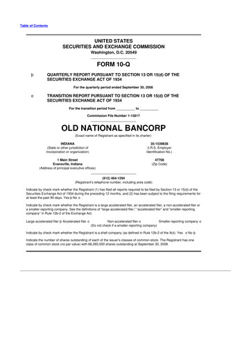 Miniature Old National Bank
 10-Q Rapport trimestriel  