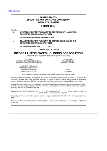 Miniature Integra LifeSciences 10-Q Rapport trimestriel  