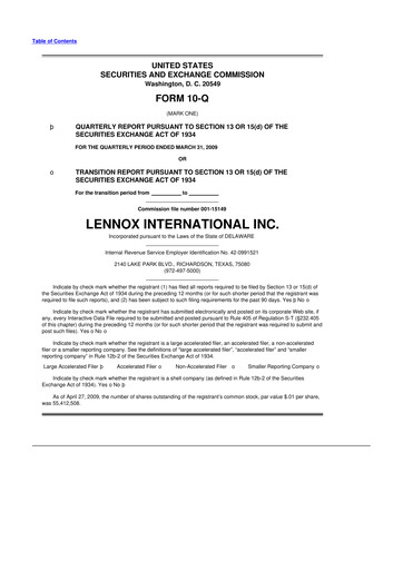 Thumbnail Lennox 10-Q Quarterly Report FY 