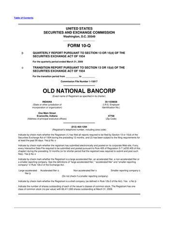 Miniature Old National Bank
 10-Q Rapport trimestriel  