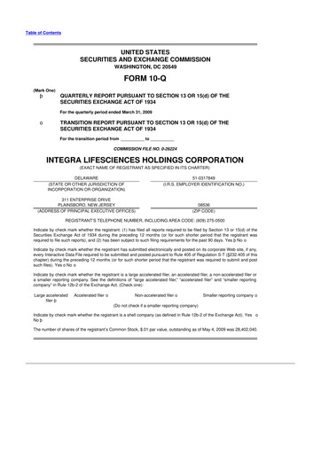 Miniature Integra LifeSciences 10-Q Rapport trimestriel  