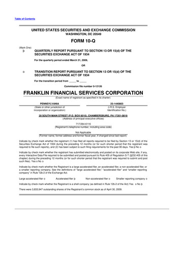 Thumbnail Franklin Financial Services Corporation 10-Q Quarterly Report FY 