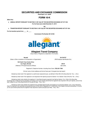 Miniature Allegiant Travel Company 10-K Rapport annuel 2014