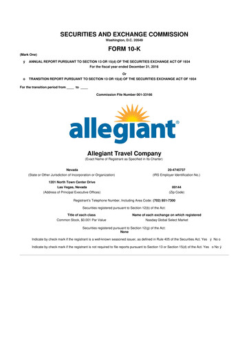 Miniature Allegiant Travel Company 10-K Rapport annuel 2016