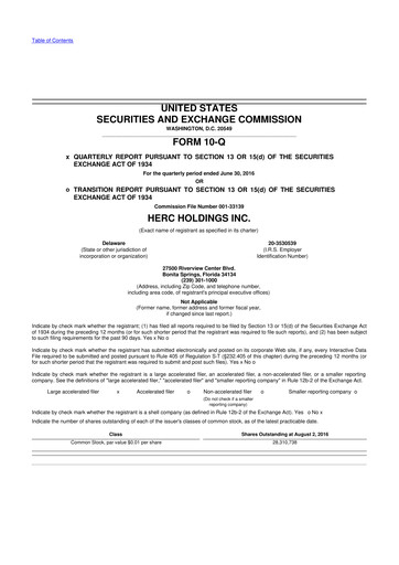 Miniature Herc Holdings
 10-Q Rapport trimestriel 2016 