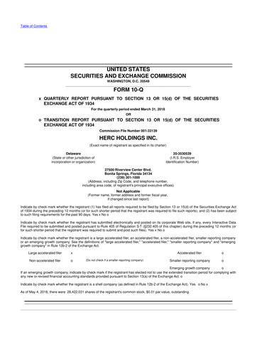 Miniature Herc Holdings
 10-Q Rapport trimestriel 2018 