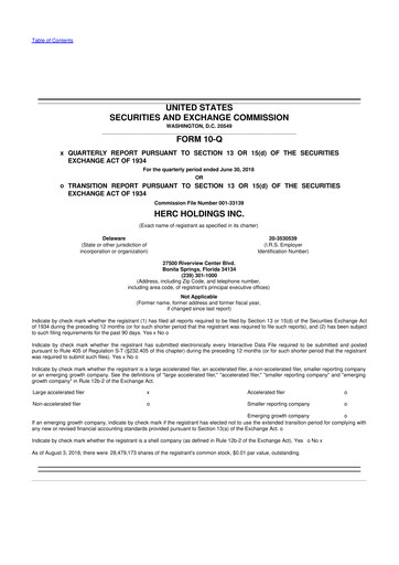 Miniature Herc Holdings
 10-Q Rapport trimestriel 2018 