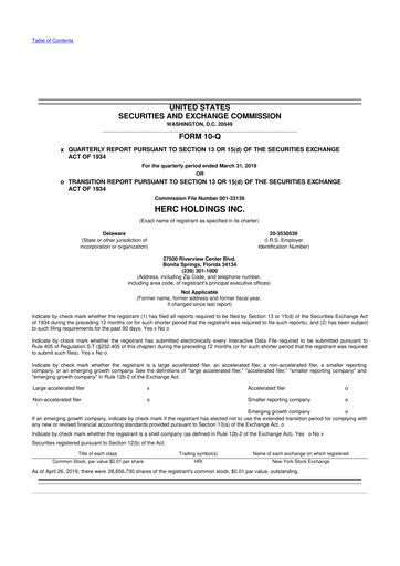 Miniature Herc Holdings
 10-Q Rapport trimestriel 2019 