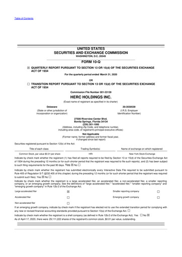 Miniature Herc Holdings
 10-Q Rapport trimestriel 2020 