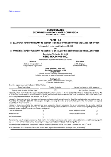 Miniature Herc Holdings
 10-Q Rapport trimestriel 2020 
