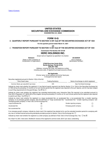 Miniature Herc Holdings
 10-Q Rapport trimestriel 2021 