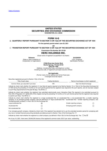 Miniature Herc Holdings
 10-Q Rapport trimestriel 2021 