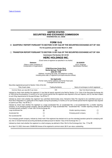 Miniature Herc Holdings
 10-Q Rapport trimestriel 2022 