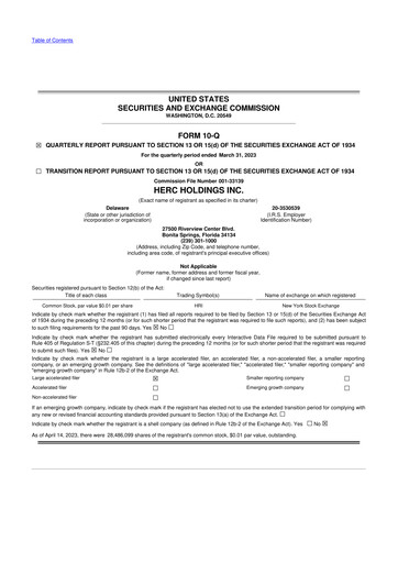 Miniature Herc Holdings
 10-Q Rapport trimestriel 2023 