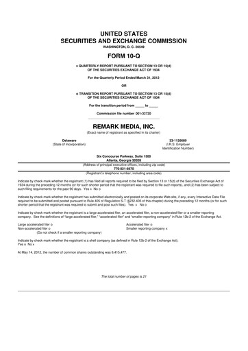 Thumbnail Remark Holdings 10-Q Quarterly Report FY2012 