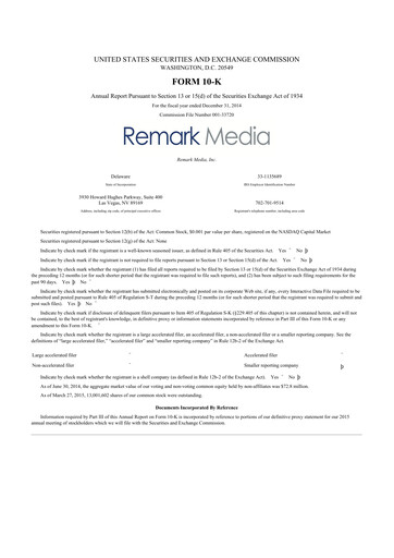 Thumbnail Remark Holdings 10-K Annual Report 2014